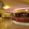 Reception di un hotel con banco in legno curvo, luci soffuse colorate e piante decorative.