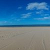 Spiaggia sabbiosa con mare e cielo blu.