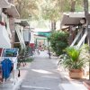 Un villaggio turistico con bungalow e piante lungo il viale.