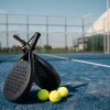 Racchette e palline da padel su campo blu.