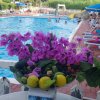 Un'ampia piscina con bagnanti e fiori viola in primo piano.