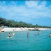 Spiaggia con persone che nuotano e vegetazione sullo sfondo.