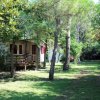 Case bianche con persiane rosse circondate da alberi e prato.