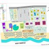 Mappa di un villaggio turistico con edifici, aree verdi e spiaggia.