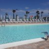 Piscina all'aperto con sdraio e palme.