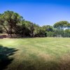 Un campo di calcio erboso circondato da alberi e una porta sullo sfondo.