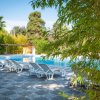 Piscina con lettini bianchi circondata da vegetazione.