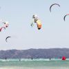 Kitesurf colorati in aria sopra un mare azzurro.