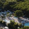 Complesso di piscine e lettini immerso nella vegetazione.
