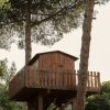 Casetta su piattaforma in legno tra gli alberi.