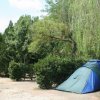 Una tenda blu e verde tra alberi e cespugli.