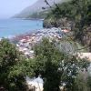 Spiaggia affollata con ombrelloni colorati, vista dall'alto con alberi in primo piano.