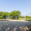 Campo da beach volley con rete e sabbia, circondato da alberi e una recinzione.