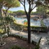 Vista di una piscina con lettini e ombrelloni, circondata da alberi e una siepe.