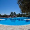 Piscina con forma circolare e albero a lato, cielo blu.