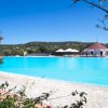 Grande piscina rettangolare con ombrelloni e fiori intorno.