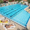 Piscina con sdraio e persone che prendono il sole.