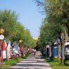 Viale alberato tra camper e roulotte. Persona in bicicletta al centro del viale.