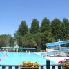 Una piscina con scivolo d'acqua, circondata da alberi e fiori.