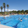 Piscina affollata con palme e ombrelloni gialli.
